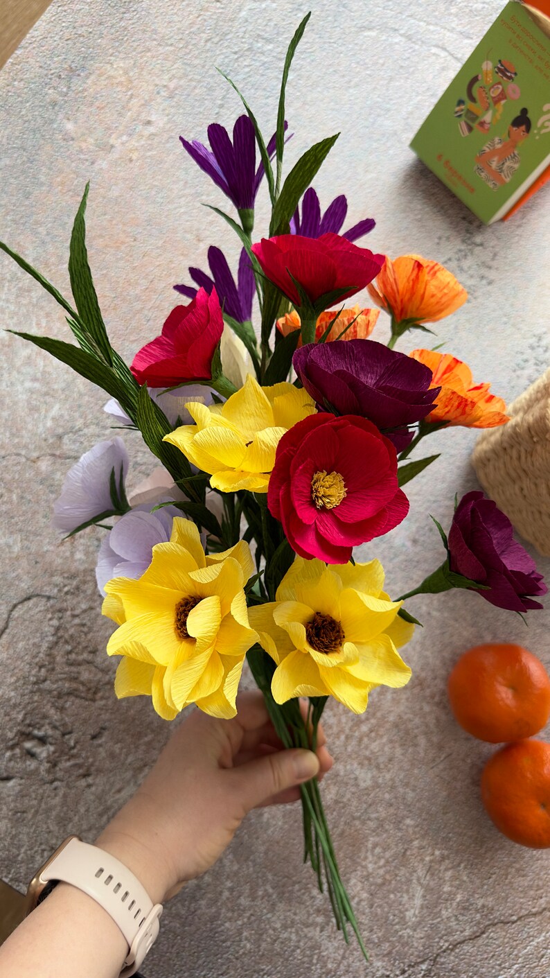 Anniversary artificial bouquet, Bright mixed paper flowers bouquet, Housewarming paper flower gift, Best friend flower gift image 6