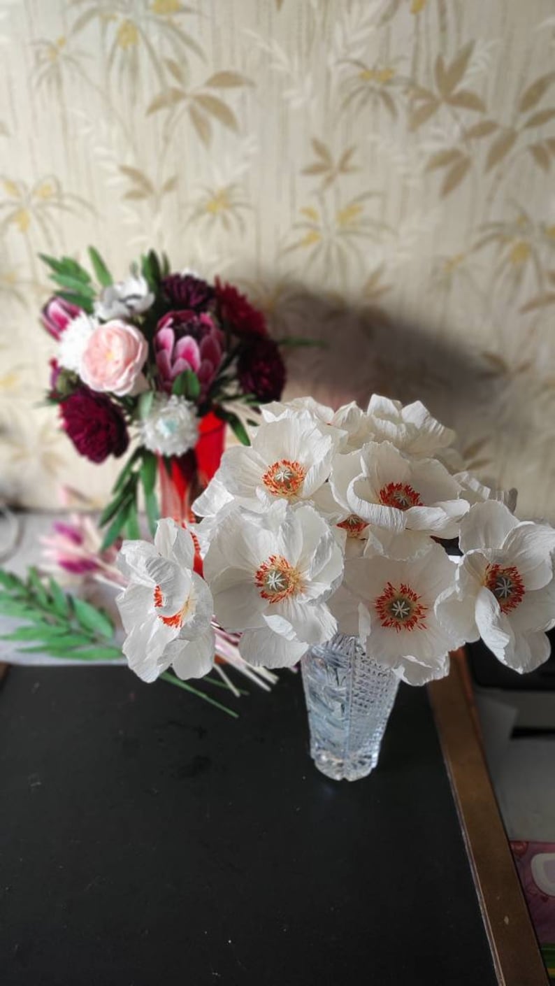 Paper flower 1st anniversary gift, Crepe paper flower, White flowers for vase, Interior flowers, Artificial flowers, Bridal shower decor image 9