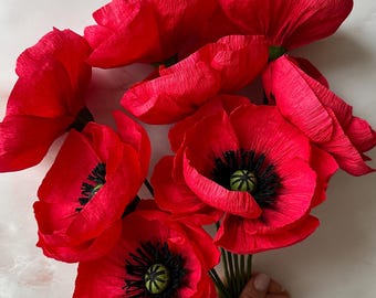 Handmade Red Crepe Paper Poppy Bouquet: Floral Gift