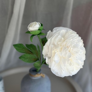 Peonia di carta a stelo singolo, fiore di carta crespa, fiore artificiale, regalo floreale di ringraziamento, regalo per il primo anniversario, peonia di carta bianca eterna
