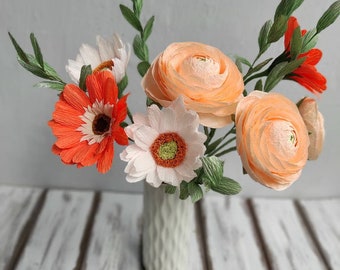 Paper flower bouquet, Crepe paper flowers gift, Paper ranunculus bouquet, Paper gerberas for vase, Flowers birthday gift for girlfriend