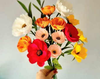 Paper fall bouquet gift for her, Orange/yellow crepe paper flowers  birthday gift, Fake bright flowers bouquet