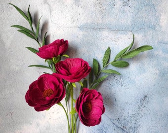 Bouquet de fleurs en papier crêpe, Fleurs en papier de Bourgogne avec verdure, Fleurs artificielles lumineuses pour vase, Cadeau de fleurs de pendaison de crémaillère
