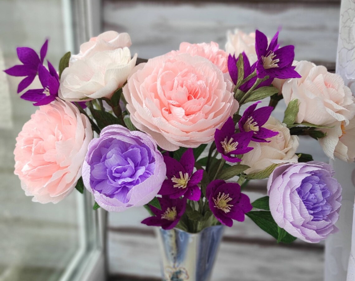 Paper bouquet for home decoration Crepe paper violet flowers Etsy