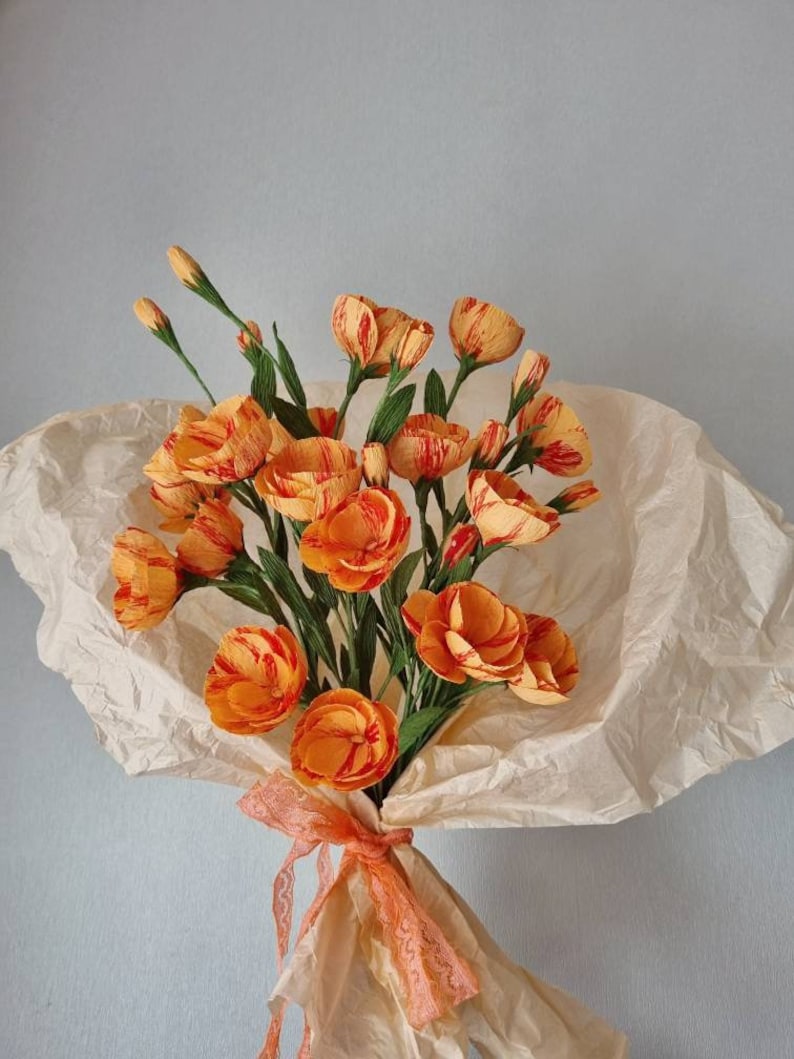 Cadeau de bouquet de fleurs en papier, fleurs orange pour la décoration de la maison, cadeau d'anniversaire en papier fleurs, cadeau du 50e anniversaire pour femme, cadeau de soi image 7