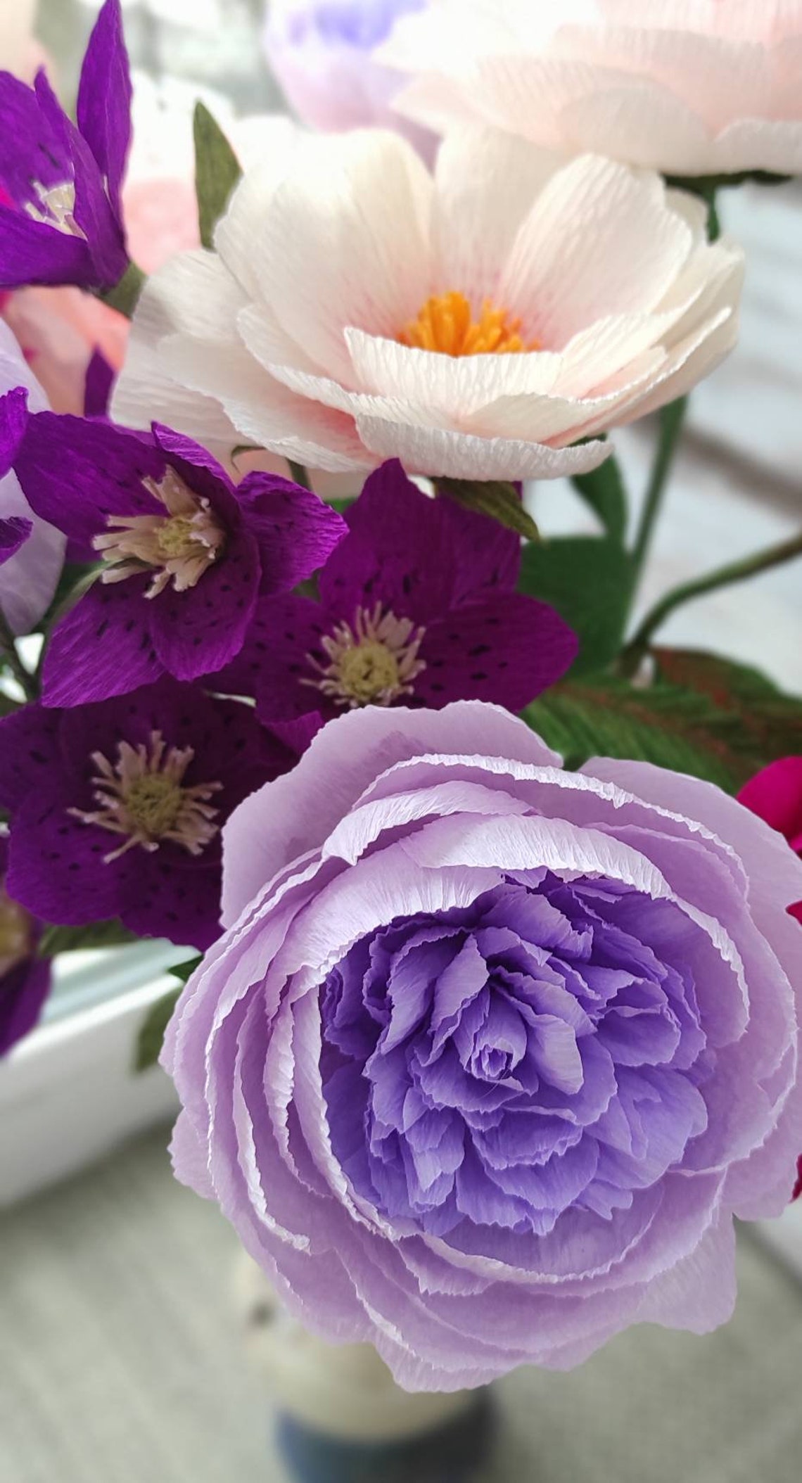 Paper bouquet for home decoration Crepe paper violet flowers Etsy