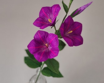 Handmade Crepe Paper Morning Glory Stem: Purple Faux Flower Decor