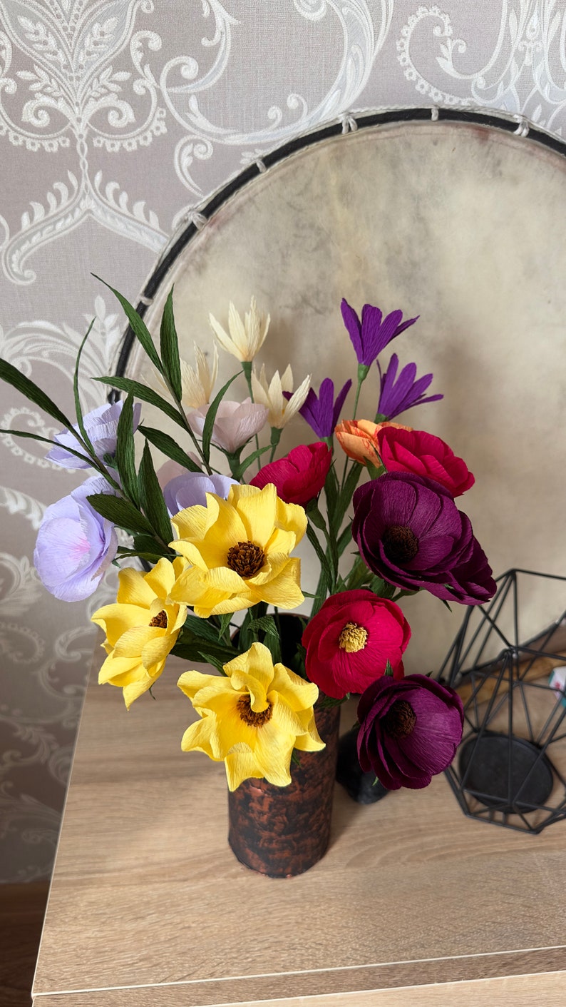 Anniversary artificial bouquet, Bright mixed paper flowers bouquet, Housewarming paper flower gift, Best friend flower gift image 4