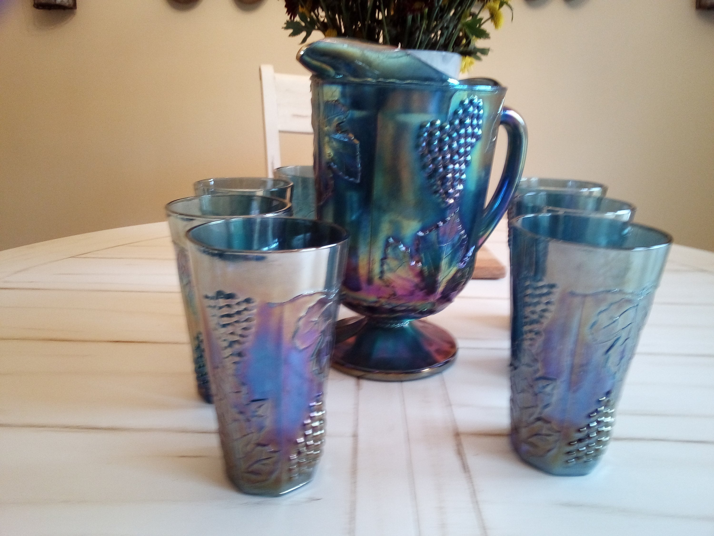 Carnival Blue Glass Pitcher and Glasses Etsy