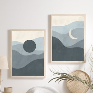 Set of 2 Abstract Landscape prints, Mid century modern, Digital download, Celestial prints, Minimalist Mountain Printable wall art, Bohemian