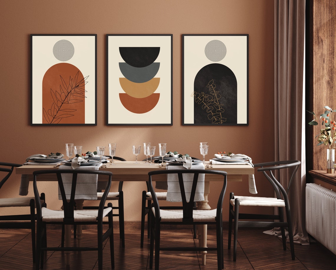 Set of 3 Burnt Orange Mid Century Modern Abstract Botanical Etsy