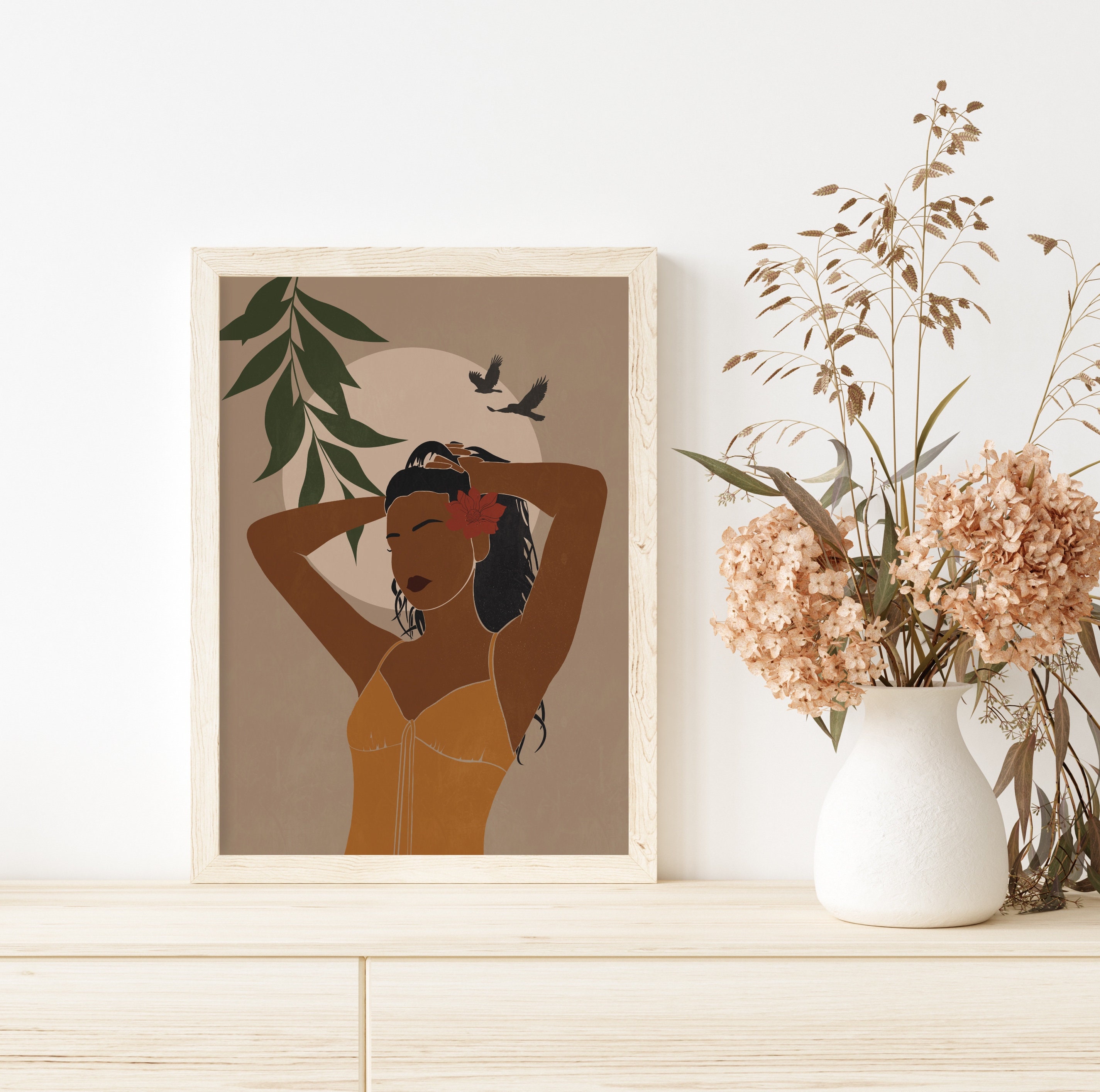 Buy Black Women Abstract Portrait Printable Wall Art, Boho Botanical ...