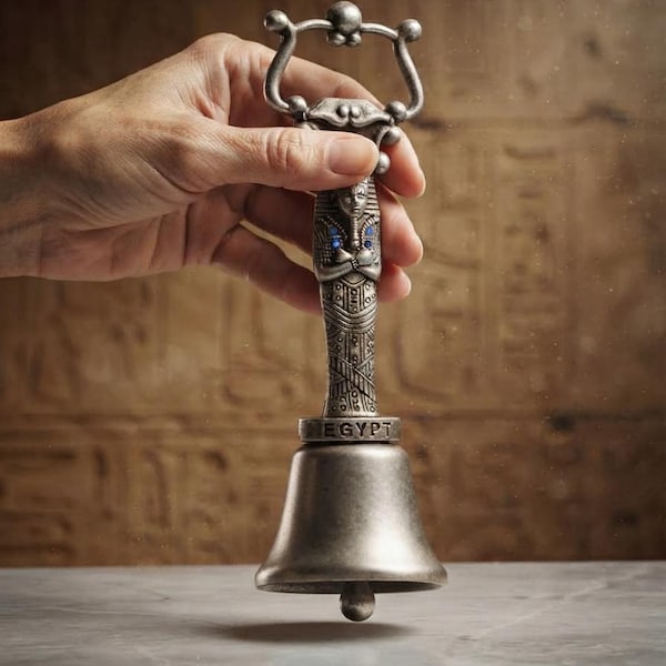 Könnte beinhalten: Eine silberfarbene Metallglocke mit einem Griff in Form einer ägyptischen Pharaonenfigur mit blauen Akzenten. Das Wort EGYPT ist auf einem Band über der Glocke eingeprägt. Der Griff ist mit einem dekorativen Bogen und einer kleinen Kugel gekrönt.