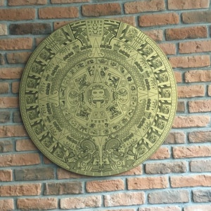 Aztec Calender Home Decor Wooden Wall Decor Mayan Wood Decor Gold Painted
