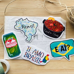 Brazilië stickers Stickerpakket van 5 Brasil Stickers Brazilië eten feijoada Guarana drinken te amo brasil Eaí Brazilië kaart Portugese sticker brasil
