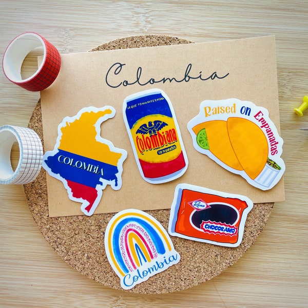 Colombia Sticker pack of 5 | Chocoramo, empanadas, colombiana soda, rainbow, Colombia Flag Colombia gift Colombian Gifts