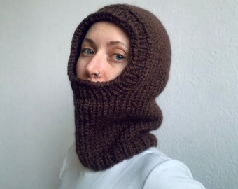 Knitted hood, Chocolate loose neck Balaclava, Unisex warm gift for her