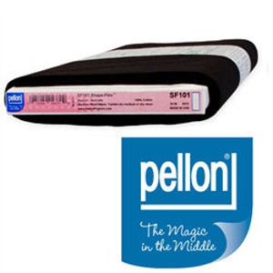 May include: A roll of black Pellon SF101 Soft Stretch Fusible Interfacing, a fabric used for sewing and quilting. The label reads "Pellon SF101 Soft Stretch Fusible Interfacing" and "100% Cotton".