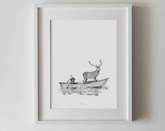 Deer drawing, Deer art print, Nursery prints girl, Wildlife art, Woodland art, Deer artwork, Fantasy art print black and white, Dreamer art