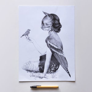 Cat Portrait, Cat Lover Art, Cat Women, Cat Realistic Drawing, Dreamy Art Poster, black and white drawing, feminime illustration, Cat Art
