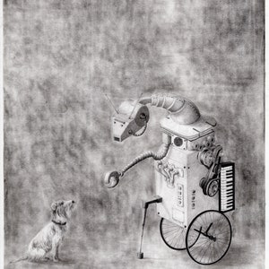 Arte robot, amor, robot musical, dibujo de Russell Terrier, bellas artes de piano musical, patio de recreo, pared de carteles de piano, robot de dibujos animados, decoración de arte para perros