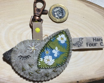 Custom made personalised felt beaded embroidered bird handbag charm decoration