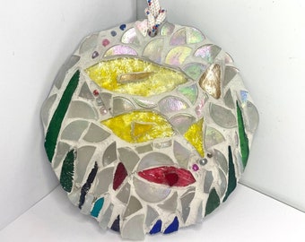 Yellow and Red Stained Glass Circular Fish Mosaic