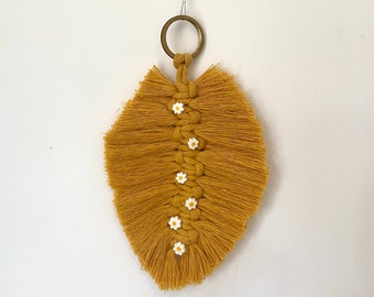 Yellow Macrame Hanging Feather on Driftwood