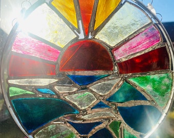 Stained Glass Sunset Suncatcher with Crystals