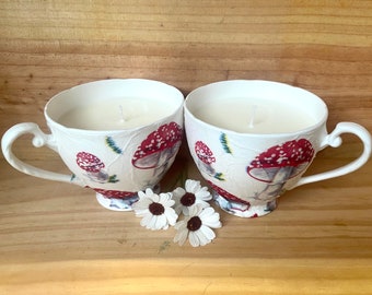 Red Toadstool Soy Wax Tea Cup Candle with Milk and Honey Scent