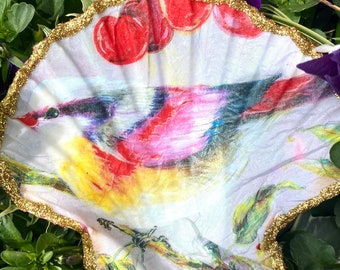 Colourful Bird and Cherry Scallop Shell Ring Dish