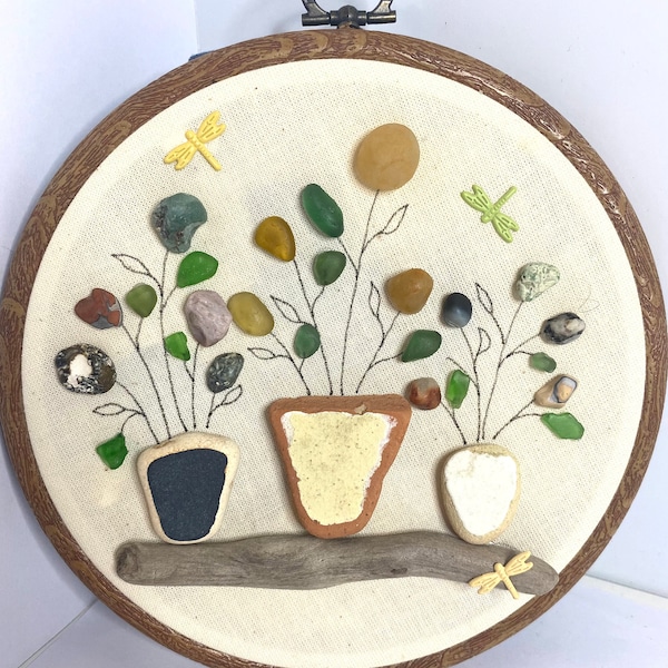 Seaham Seaglass and Gemstone Flower Pot Embroidery Hoop Artwork