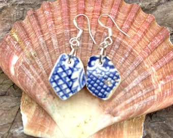 Devon Blue Willow Design Sea Pottery Earrings