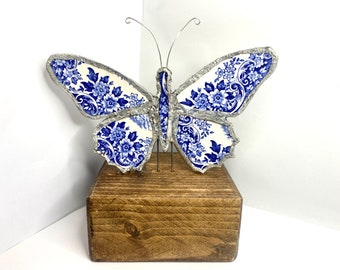 Vintage Blue and White Floral China Butterfly on Walnut Block