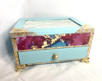 Small Marble and Duck Egg Blue Decorated Jewellery Box