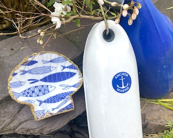 Blue Fish Scallop Shell Ring Dish