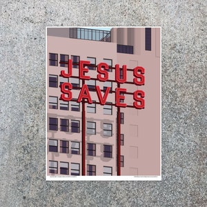 Insegna al neon iconica "Gesù salva" nel centro di Los Angeles