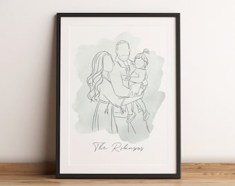 CUSTOM FAMILY PORTRAIT, Christmas Gift, Digital Art, Line Drawing, Custom Portrait, Drawing from Photo, Custom Line Art, Fathers Day Gift