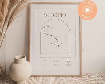May include: A digital print of the Scorpio zodiac sign with a brown outline of the constellation and gold stars. The text "Scorpio" is at the top of the print. The dates "Oct 23 - Nov 21" are listed below the constellation. The text "Resourceful, Brave, Passionate" is listed above the dates. The symbol for Mars and the word "Mars" are listed below the dates. The symbol for water and the word "Water" are listed below the dates.