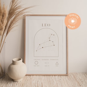 May include: A digital print of a Leo zodiac sign with a constellation outline of a lion. The print is in a light brown frame and has the text "LEO", "CREATIVE, GENEROUS, PASSIONATE", "JUL 23 - AUG 22", "THE SUN", "FIRE", and a circle and triangle symbol.
