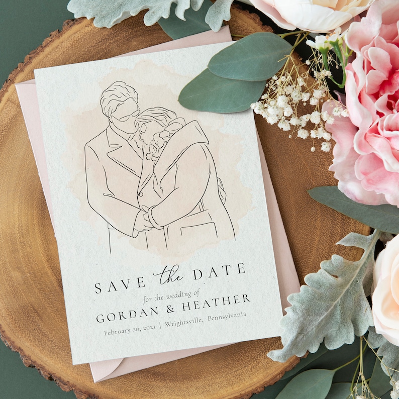 SAVE THE DATE, Wedding Invite, Digital Files, Line Art, Printable Invitation, Custom Line Drawing, Custom Wedding Invite, Personalised Art image 1