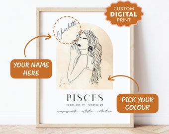 PERSONALISED ZODIAC Sign Poster, Pisces Poster, Custom Digital Print, Zodiac Poster, Line Art, Custom Star Sign Line Art Poster Print, Art