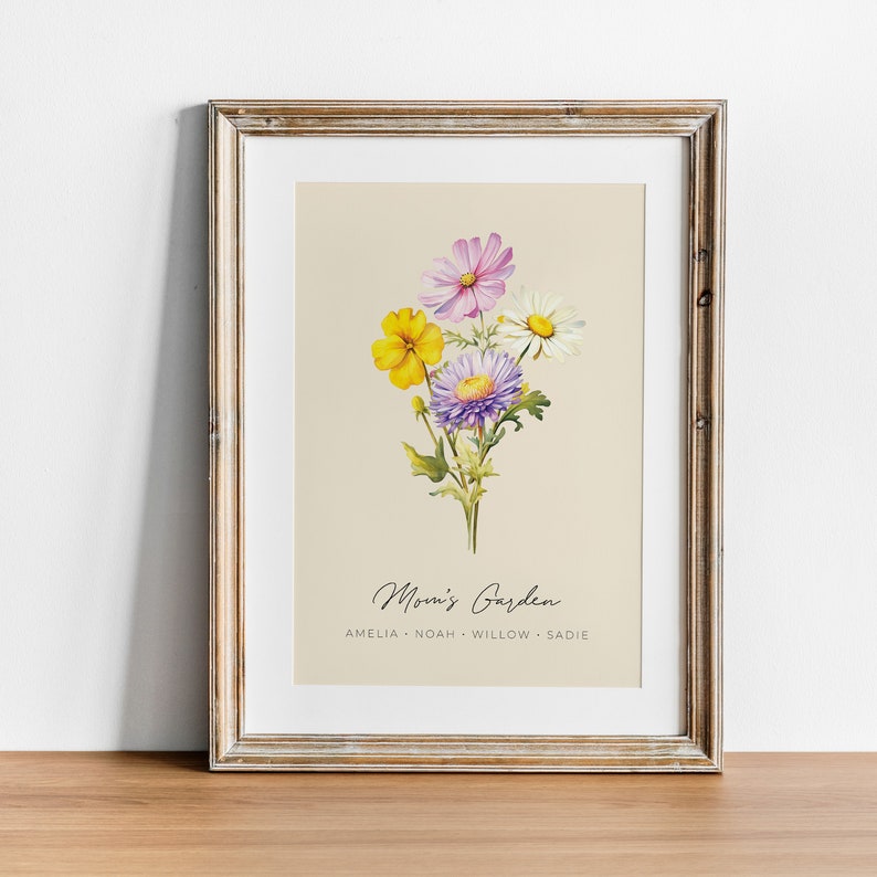 BIRTH FLOWER Family Bouquet Custom Digital Print, Personalized Gift for Mom, Mom's Garden, Custom Bouquet Painting, Wedding Gift for Couple image 1