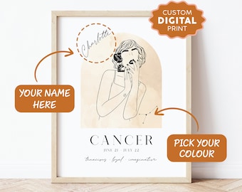 PERSONALISED ZODIAC Sign Poster, Cancer Poster, Custom Digital Print, Zodiac Poster, Line Art, Custom Star Sign Line Art Poster Print, Art