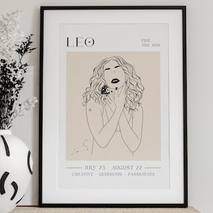 LEO POSTER, Leo Print, Digital Print, Leo Birthday Gift for Her, Neutral Wall Art Print, Zodiac Poster, Line Art, Modern Wall Art Print, Art