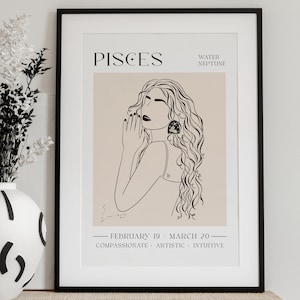 PISCES POSTER, Pisces Print, Digital Print, Birthday Gift for Her, Neutral Wall Art Print, Zodiac Poster, Line Art, Modern Wall Art Print