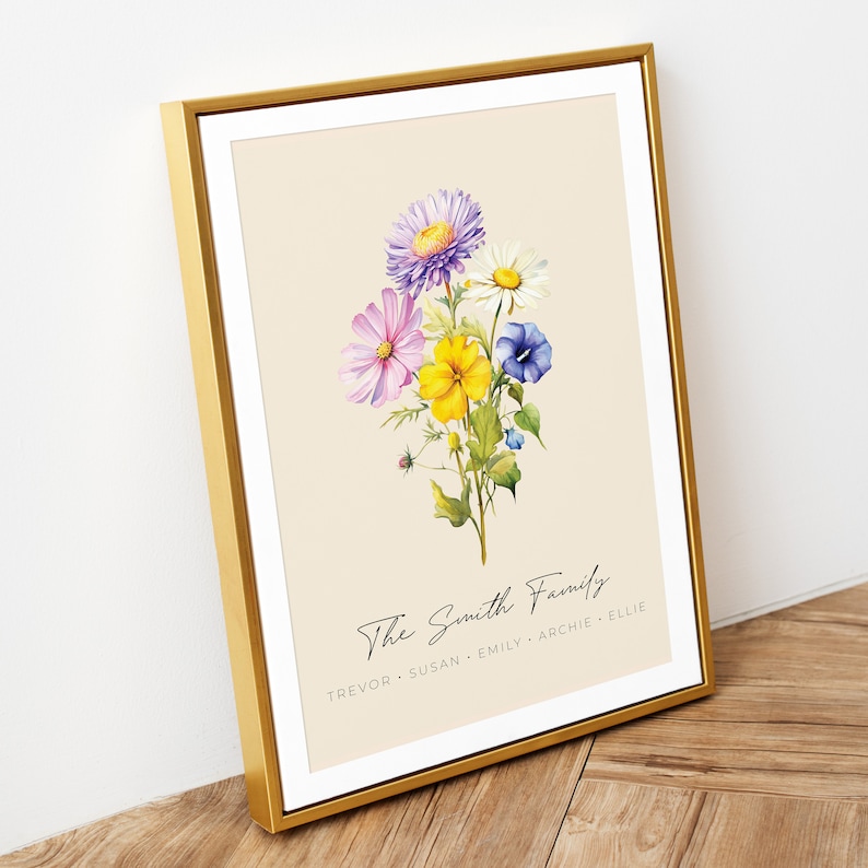 BIRTH FLOWER Family Bouquet Custom Digital Print, Personalized Gift for Mom, Mom's Garden, Custom Bouquet Painting, Wedding Gift for Couple image 2