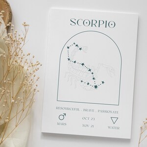 May include: A white card with a teal scorpion constellation illustration and the text "SCORPIO". The card also includes the text "RESOURCEFUL. BRAVE. PASSIONATE", "OCT 23 - NOV 21", "MARS", and "WATER".