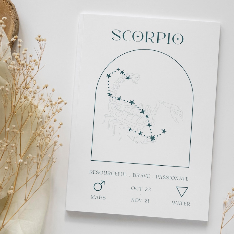May include: A white card with a teal scorpion constellation illustration and the text "SCORPIO". The card also includes the text "RESOURCEFUL. BRAVE. PASSIONATE", "OCT 23 - NOV 21", "MARS", and "WATER".