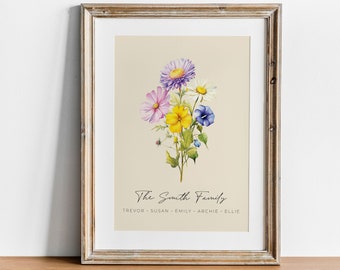 BIRTH FLOWER Family Bouquet Custom Digital Print, Personalized Mother's Day Gift, Mom's Garden, Family Flower Bouquet, Antique Home Art